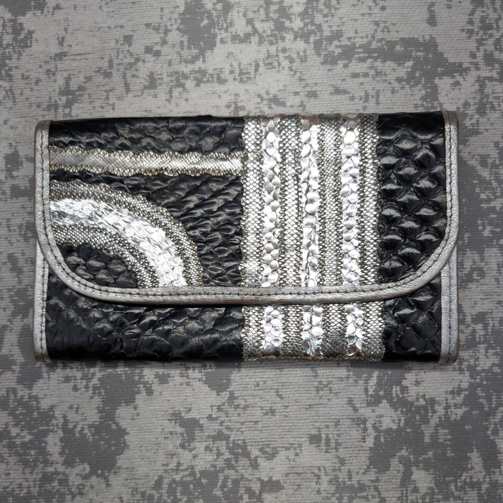 Carlos Falchi Vintage Snakeskin Clutch Bag Black Silver Metallic Exotic Leather